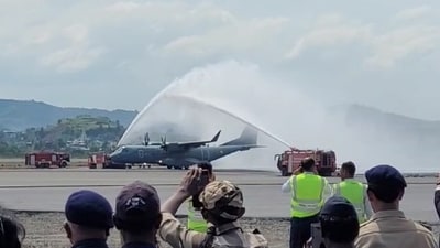 An Indian Air Force C-295 aircraft successfully completed the first landing at Navi Mumbai airport on Friday. (Yogesh Naik) An Indian Air Force C-295 aircraft successfully completed the first landing at Navi Mumbai airport on Friday. (Yogesh Naik)