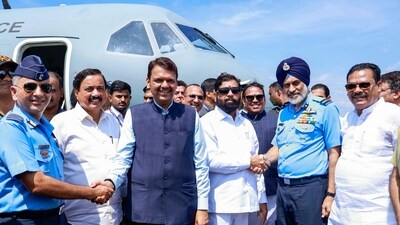 Maharashtra Chief Minister Eknath Shinde, Dy CM Devendra Fadnavis and others during inauguration of the Navi Mumbai Airport runway in Mumbai. (PTI)