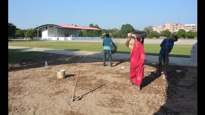 Preparations underway for the swearing-in ceremony of Haryana government in Panchkula on Friday. (Sant Arora/HT) Preparations underway for the swearing-in ceremony of Haryana government in Panchkula on Friday. (Sant Arora/HT)