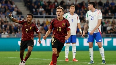 Belgium's Leandro Trossard celebrates scoring their second goal. (REUTERS)