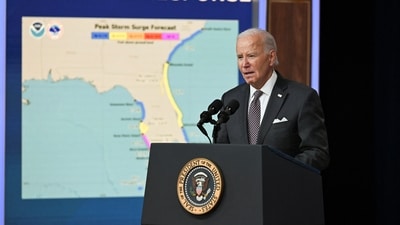 U.S. President Joe Biden delivers remarks on the initial impacts of Hurricane Milton, as well as the Federal government’s ongoing support to State and local officials in the South Court Auditorium of the Eisenhower Executive office building in Washington, U.S., October 10, 2024. (REUTERS)
