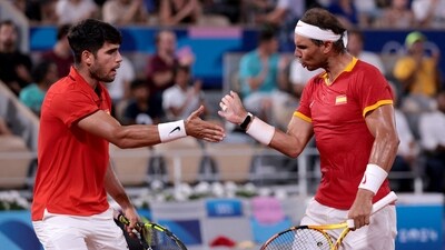 Carlos Alcaraz and Rafael Nadal react during a match at the Paris Olympics. (REUTERS)