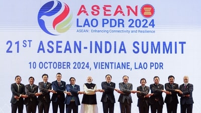 Vientiane [Laos], Oct 10 (ANI): Prime Minister Narendra Modi along with Secretary-General of ASEAN, Dr. Kao Kim Hourn and other dignitaries hold hands during the 21st ASEAN-India Summit, in Vientiane on Thursday. Secretary-General of ASEAN, Kao Kim Hourn. (ANI Photo) (DPR)