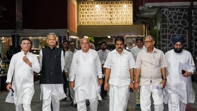 New Delhi: Congress leaders Pawan Khera, Ashok Gehlot, Bhupinder Singh Hooda, K.C. Venugopal, Udai Bhan and Partap Singh Bajwa come out after meeting Election Commissioners at Nirvachan Sadan, in New Delhi, Wednesday, Oct. 9, 2024. (PTI) New Delhi: Congress leaders Pawan Khera, Ashok Gehlot, Bhupinder Singh Hooda, K.C. Venugopal, Udai Bhan and Partap Singh Bajwa come out after meeting Election Commissioners at Nirvachan Sadan, in New Delhi, Wednesday, Oct. 9, 2024. (PTI)