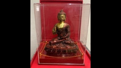 Prime Minister Narendra Modi gifted a vintage brass Buddha statue adorned with intricate mina (enamel) work, originating from Tamil Nadu to the President of Lao PDR, Thongloun Sisoulith, in Vientiane on Friday. Prime Minister Narendra Modi gifted a vintage brass Buddha statue adorned with intricate mina (enamel) work, originating from Tamil Nadu to the President of Lao PDR, Thongloun Sisoulith, in Vientiane on Friday.