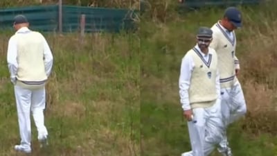 Nathan Lyon searches for the ball.