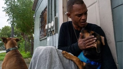 While some made sure to take their pets along, in a dramatic rescue, Tampa police discovered a helpless dog tied to a fence in stomach-deep water, crying for help after its owners abandoned and left him to die.&nbsp; (Getty Images)