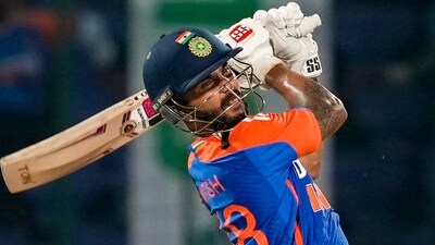 Nitish Kumar Reddy plays a shot during the 2nd T20I against Bangladesh in Delhi. (PTI Photo) Nitish Kumar Reddy plays a shot during the 2nd T20I against Bangladesh in Delhi. (PTI Photo)