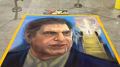 The artwork, created by internationally renowned rangoli artist Akshay Jalihal, honors Tata’s legacy. (X/BMRCL) The artwork, created by internationally renowned rangoli artist Akshay Jalihal, honors Tata’s legacy. (X/BMRCL)