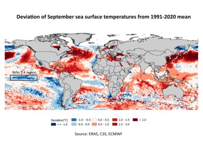 Deviation of September sea surface temperatures from 1991-2020 mean (Abhishek Jha) Deviation of September sea surface temperatures from 1991-2020 mean (Abhishek Jha)