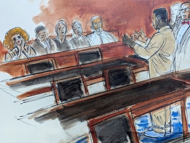 In this courtroom sketch, Sean "Diddy" Combs, right, in shackles, gestures to his mother, seated in the audience far left,,who is blowing kisses to him.Elizabeth Williams via AP) (AP) In this courtroom sketch, Sean "Diddy" Combs, right, in shackles, gestures to his mother, seated in the audience far left,,who is blowing kisses to him.Elizabeth Williams via AP) (AP)