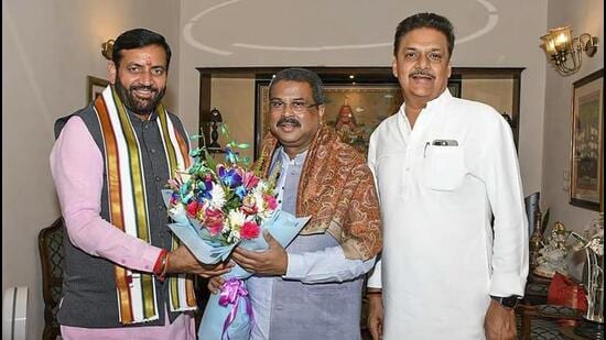 Haryana chief minister Nayab Singh Saini with Union education minister and BJP state assembly election in-charge Dharmendra Pradhan (centre) and co-incharge Surendra Singh Nagar in New Delhi on Thursday after the party’s victory for the third consecutive term. (PTI Photo)