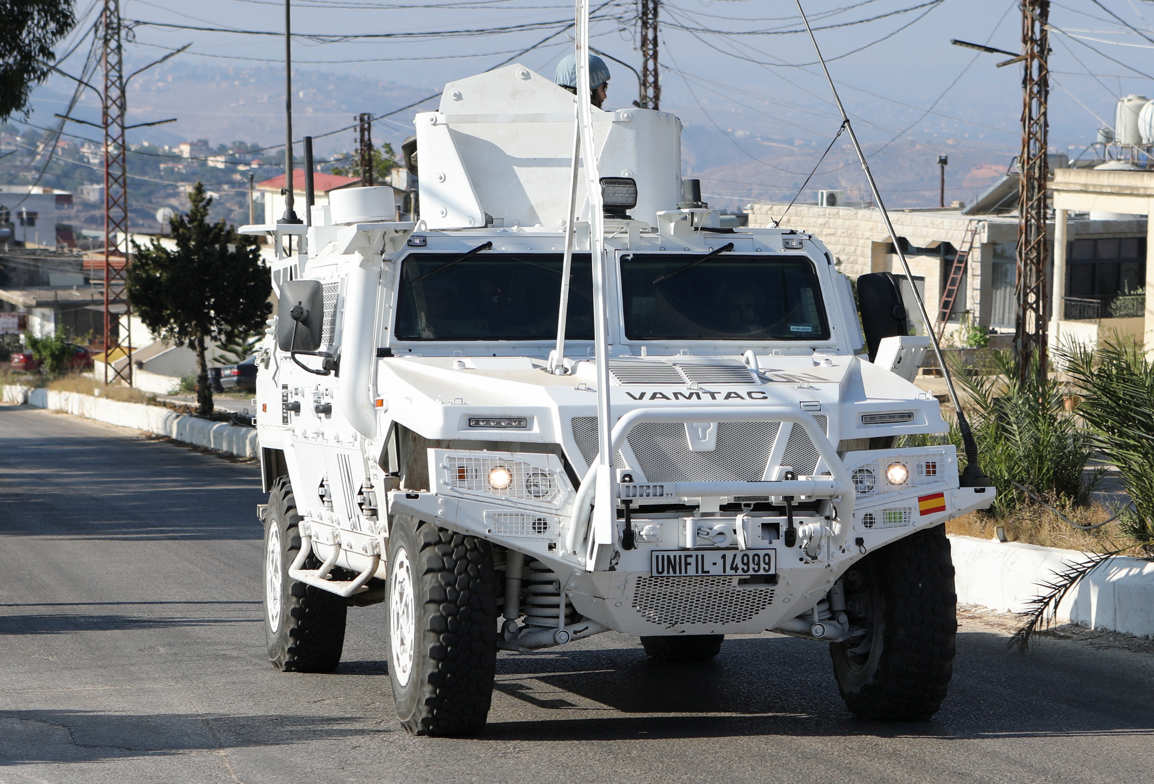 A UN peacekeepers (UNIFIL) vehicle drives in Marjayoun, near the border with Israel, amid ongoing hostilities between Hezbollah and Israeli forces, southern Lebanon October 11. (REUTERS)