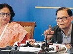 16th finance commission head Dr Arvind Panagariya addressing media persons in Chandigarh (HT File)