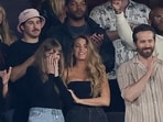 Taylor Swift, Blake Lively, Ryan Reynolds, Hugh Jackman react during the match on Sunday. 