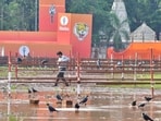 Preparation underway for Shiv Sena (UBT) Dussehra rally, at Shivaji Park, Dadar, in Mumbai, India, on Friday, Oct 11.