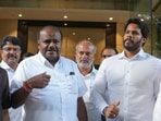 Union minister for steel and heavy industries HD Kumaraswamy with his son Nikhil Kumaraswamy.