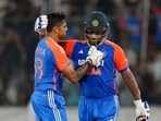 Hyderabad: India's Sanju Samson celebrates his century with captain Suryakumar Yadav during the third and final T20 International 