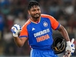 India's Sanju Samson celebrates his century during the third and final T20 International cricket match.