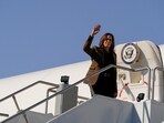 Democratic presidential nominee U.S. Vice President Kamala Harris waves as she departs for Washington at Phoenix Sky Harbor International Airport in Phoenix, Arizona, U.S. October 11, 2024.
