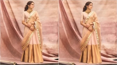 Sharvari donned a light pink lehenga featuring a V-neckline blouse adorned with intricate golden embroidery. Teamed with a matching skirt with gold borders and an organza dupatta, she exudes elegance. (Instagram/@sharvari) Sharvari donned a light pink lehenga featuring a V-neckline blouse adorned with intricate golden embroidery. Teamed with a matching skirt with gold borders and an organza dupatta, she exudes elegance. (Instagram/@sharvari)