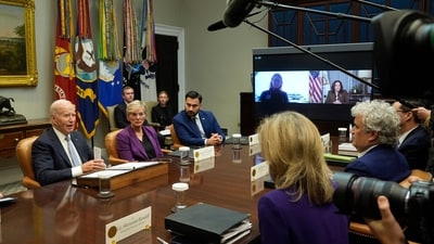 President Joe Biden, from left, joined by Energy Secretary Jennifer Granholm, White House climate adviser Ali Zaidi, and on screen from left, FEMA Administrator Deanne Criswell and Vice President Kamala Harris, speaks about the federal government's response to Hurricanes Milton and Helene. (AP Photo/Manuel Balce Ceneta) (AP) President Joe Biden, from left, joined by Energy Secretary Jennifer Granholm, White House climate adviser Ali Zaidi, and on screen from left, FEMA Administrator Deanne Criswell and Vice President Kamala Harris, speaks about the federal government's response to Hurricanes Milton and Helene. (AP Photo/Manuel Balce Ceneta) (AP)