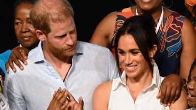 Colombia's Vice President Francia Marquez (2nd R) greets Colombia's former Education Minister Aurora Vergara (2nd L) next to Britain's Prince Harry (C), Duke of Sussex, and his wife Meghan Markle during a picture (AFP) Colombia's Vice President Francia Marquez (2nd R) greets Colombia's former Education Minister Aurora Vergara (2nd L) next to Britain's Prince Harry (C), Duke of Sussex, and his wife Meghan Markle during a picture (AFP)