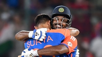 India's Sanju Samson celebrates with captain Suryakumar Yadav after scoring a century (100 runs) during the third and final Twenty20 international cricket match. (AFP) India's Sanju Samson celebrates with captain Suryakumar Yadav after scoring a century (100 runs) during the third and final Twenty20 international cricket match. (AFP)