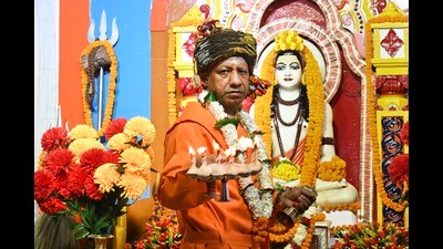 Chief Minister Yogi Adityanath offers prayers at Gorakhnath Temple on the occasion of 'Vijayadashami', in Gorakhpur (PTI) Chief Minister Yogi Adityanath offers prayers at Gorakhnath Temple on the occasion of 'Vijayadashami', in Gorakhpur (PTI)