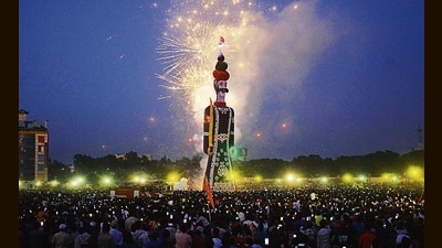 Crowds watch an effigy of Ravana going up in flames during Dussehra celebrations in Panchkula on Saturday. (Sant Arora/HT) Crowds watch an effigy of Ravana going up in flames during Dussehra celebrations in Panchkula on Saturday. (Sant Arora/HT)