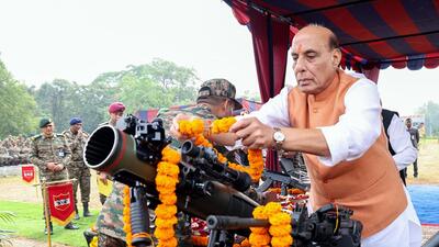 Defence minister Rajnath Singh performs 'Shastra Puja' on the occasion of Vijaya Dashami, at Sukna Military Station in Darjeeling on Saturday. (PIB) Defence minister Rajnath Singh performs 'Shastra Puja' on the occasion of Vijaya Dashami, at Sukna Military Station in Darjeeling on Saturday. (PIB)
