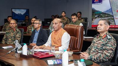 Defence minister Rajnath Singh with Army Chief General Upendra Dwivedi, Defence Secretary RK Singh and General Officer Commanding-in-Chief, Eastern Command Lt Gen Ram Chander Tiwari during the virtual inauguration of 75 BRO infrastructure projects at Sukna in Darjeeling on Saturday. (Ministry of Defence) Defence minister Rajnath Singh with Army Chief General Upendra Dwivedi, Defence Secretary RK Singh and General Officer Commanding-in-Chief, Eastern Command Lt Gen Ram Chander Tiwari during the virtual inauguration of 75 BRO infrastructure projects at Sukna in Darjeeling on Saturday. (Ministry of Defence)