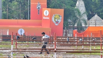 Preparation underway for Shiv Sena (UBT) Dussehra rally, at Shivaji Park, Dadar, in Mumbai, India, on Friday, Oct 11. (Bhushan Koyande/HT Photo)
