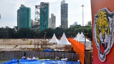 Preparation underway for Shiv Sena (UBT) Dussehra rally, at Shivaji Park, Dadar, in Mumbai, India, on Friday, Oct 11. (Bhushan Koyande/HT Photo)