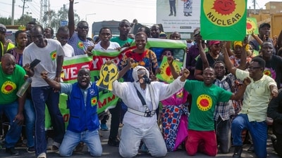 Demonstrators hold banners reading in Swahili "Sitaki nuclear" during an anti-nuclear protest in Kilifi, Kenya. (AP) Demonstrators hold banners reading in Swahili "Sitaki nuclear" during an anti-nuclear protest in Kilifi, Kenya. (AP)