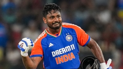 India's Sanju Samson celebrates his maiden century during the third and final T20I. His knock was studded with 11 fours and eight sixes after India elected to bat first in Hyderabad. (PTI) India's Sanju Samson celebrates his maiden century during the third and final T20I. His knock was studded with 11 fours and eight sixes after India elected to bat first in Hyderabad. (PTI)