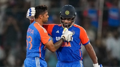 Hyderabad: India's Sanju Samson celebrates his century with captain Suryakumar Yadav during the third and final T20 International (PTI) Hyderabad: India's Sanju Samson celebrates his century with captain Suryakumar Yadav during the third and final T20 International (PTI)