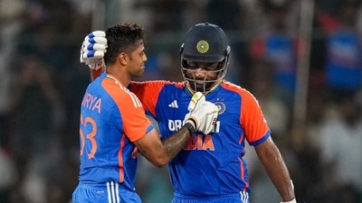 A record-breaking night for India in Hyderabad here as Sanju Samson (111) and Suryakumar Yadav (75) powered the Men in Blue to the highest T20I score by a Test-playing nation - 297/6 in 20 overs. (PTI) A record-breaking night for India in Hyderabad here as Sanju Samson (111) and Suryakumar Yadav (75) powered the Men in Blue to the highest T20I score by a Test-playing nation - 297/6 in 20 overs. (PTI)