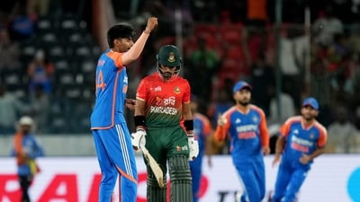 India's Mayank Yadav celebrates the wicket of Bangladesh's Parvez Hossain Emon on the first ball of the innings while defending the target. (PTI) India's Mayank Yadav celebrates the wicket of Bangladesh's Parvez Hossain Emon on the first ball of the innings while defending the target. (PTI)