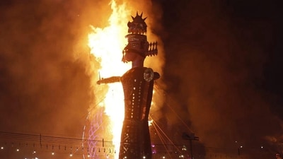 Visual of Ravana's effigy on fire in Delhi's Lav Kush Ramleela. Visual of Ravana's effigy on fire in Delhi's Lav Kush Ramleela.