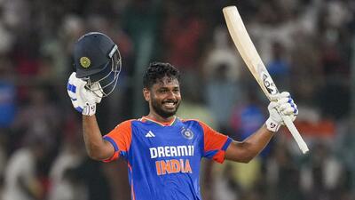 Sanju Samson celebrates his century in the third T20I against Bangladesh, in Hyderabad on Saturday. (PTI) Sanju Samson celebrates his century in the third T20I against Bangladesh, in Hyderabad on Saturday. (PTI)