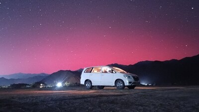 A red aurora captured from Stakna, outside Leh. (Dorje Angchuk/X) A red aurora captured from Stakna, outside Leh. (Dorje Angchuk/X)
