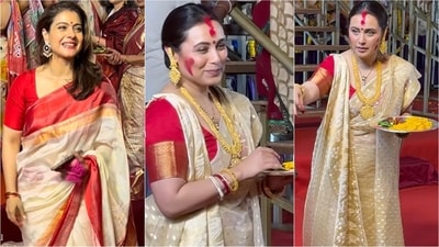 Kajol and Rani Mukerji celebrated Dashami in style at the North Bombay Sarbojanin Durga Puja. (Instagram) Kajol and Rani Mukerji celebrated Dashami in style at the North Bombay Sarbojanin Durga Puja. (Instagram)
