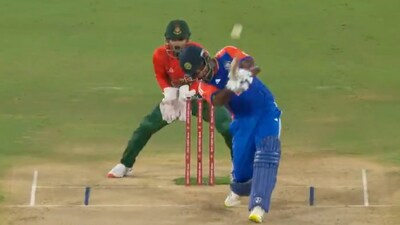Sanju Samson hitting a six vs Bangladesh in the 3rd T20I. (Screengrab) Sanju Samson hitting a six vs Bangladesh in the 3rd T20I. (Screengrab)