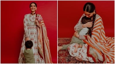 “May Maa Durga bless us with passion and strength, courage and grace… as Vayu joyfully pulls me away to join the celebration. Happy Navratri! Happy Dusaehra,” wrote Sonam in the caption. (Instagram/@sonamkapoor) “May Maa Durga bless us with passion and strength, courage and grace… as Vayu joyfully pulls me away to join the celebration. Happy Navratri! Happy Dusaehra,” wrote Sonam in the caption. (Instagram/@sonamkapoor)