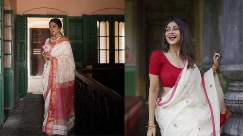 This traditional saree is worn on the last day of Durga Puja festivities on the occasion of Sindoor Khela. This traditional saree is worn on the last day of Durga Puja festivities on the occasion of Sindoor Khela.