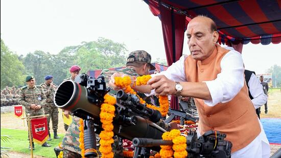 Defence minister Rajnath Singh performs 'Shastra Puja' on the occasion of Vijaya Dashami, at Sukna Military Station in Darjeeling on Saturday. (PIB)