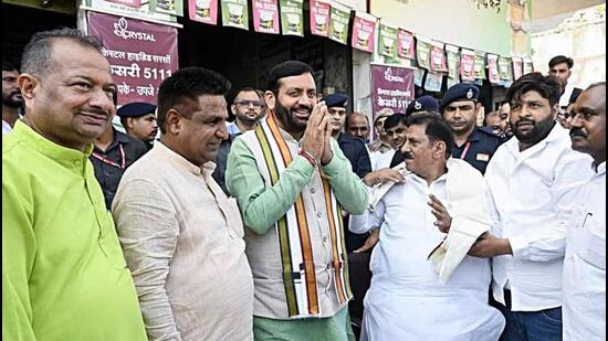 Haryana chief minister Nayab Singh Saini at the Pipli grain market in Kurukshetra on Friday. The BJP had indicated during the assembly elections that Saini, who replaced Manohar Lal Khattar as CM in March, will be its choice for the top post if the party won. (ANI Photo)