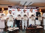 Mumbai, Oct 13 (ANI): Maha Vikas Aaghadi (MVA) leaders NCP-SCP chief Sharad Pawar, Shiv Sena (Uddhav Balasaheb Thackeray) Chief Uddhav Thackeray and son Aaditya Thackeray, Congress leaders Nana Patole, Prithviraj Chavan, Varsha Gaikawad and others release a booklet 'gaddarancha panchnama' during a joint press conference, in Mumbai on Sunday.