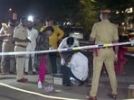 Forensic team investigates at the site where former Maharashtra minister Baba Siddique was shot dead by three assailants, in Mumbai, on Saturday night.